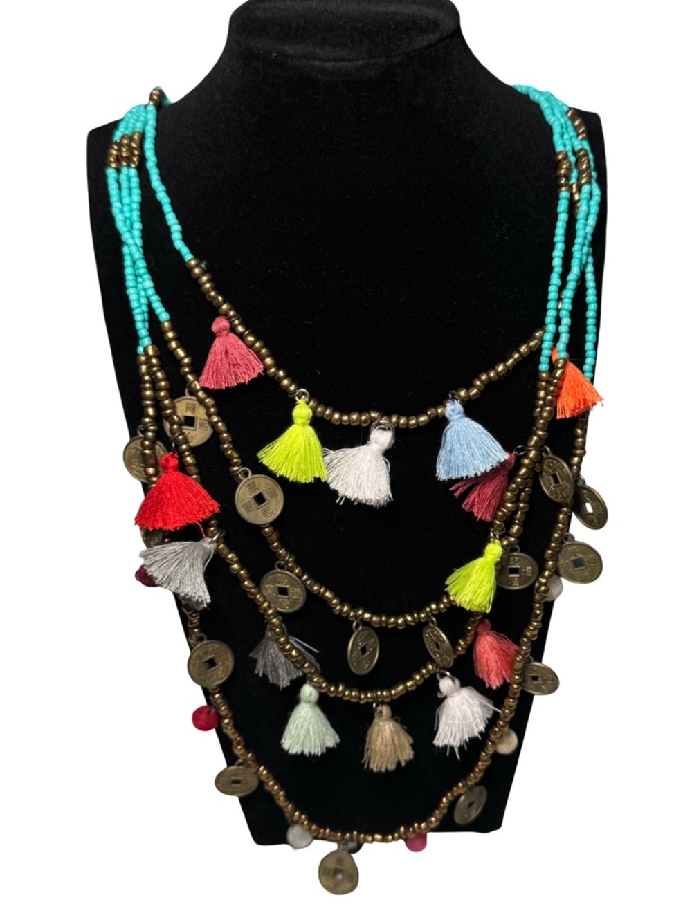 🩵🧡💜🩷 Bohemian Multi-Tassel Beaded Statement Necklace - Turquoise & Multicolor